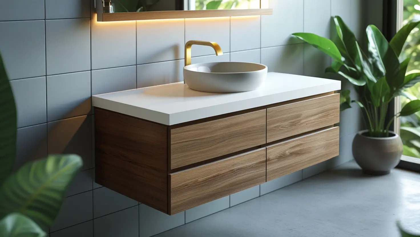 Modern floating bathroom vanity with wooden drawers, vessel sink, and gold faucet in a spa-like bathroom