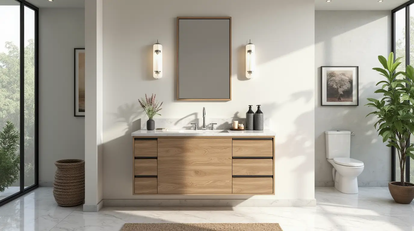 48 Bathroom Vanity in a modern, spacious bathroom with marble countertop.